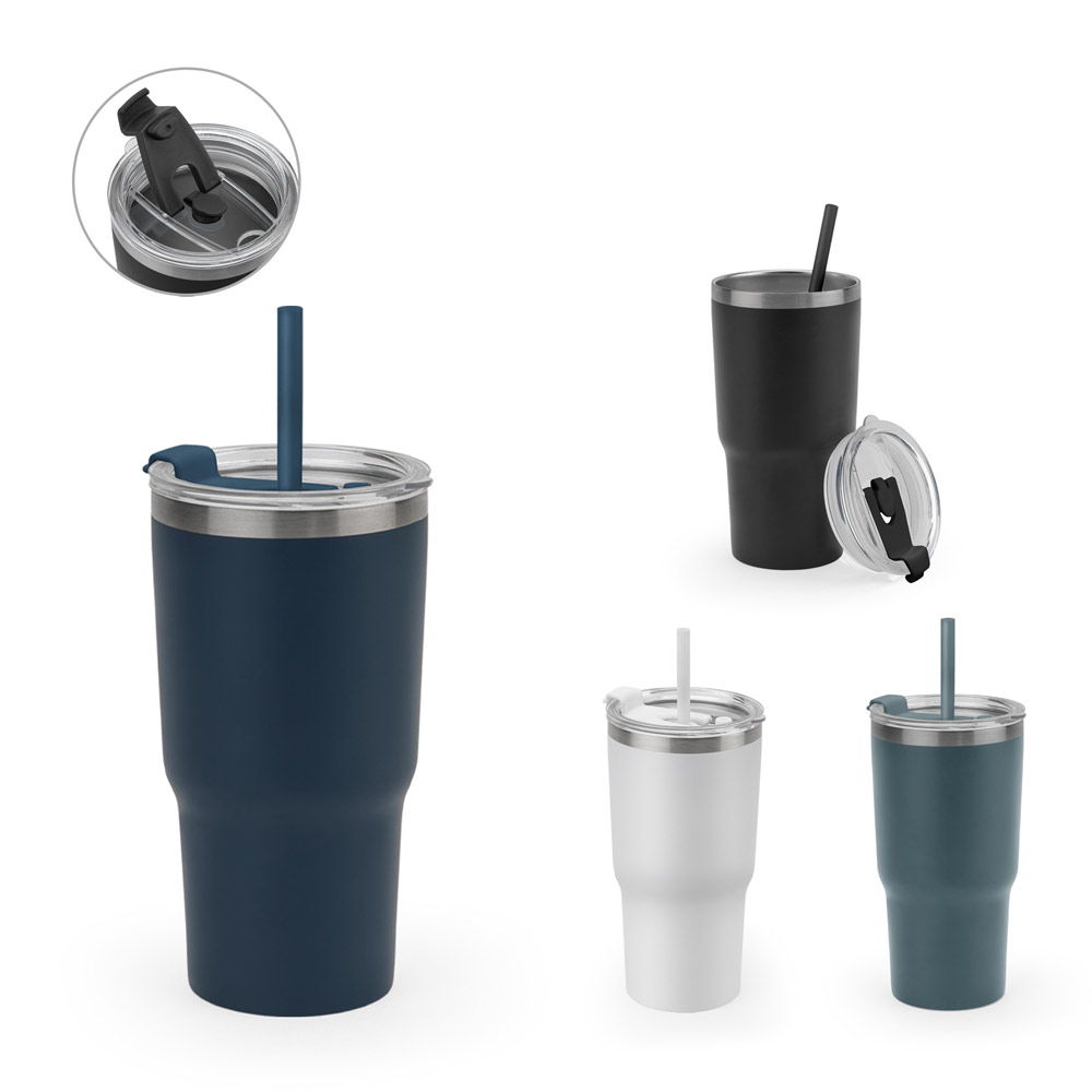 JOYNER M. Copo de viagem térmico e compacto, em aço inox 91% reciclado de parede dupla isolada a vácuo, com acabamento mate (600 mL) — foto 1 de 5