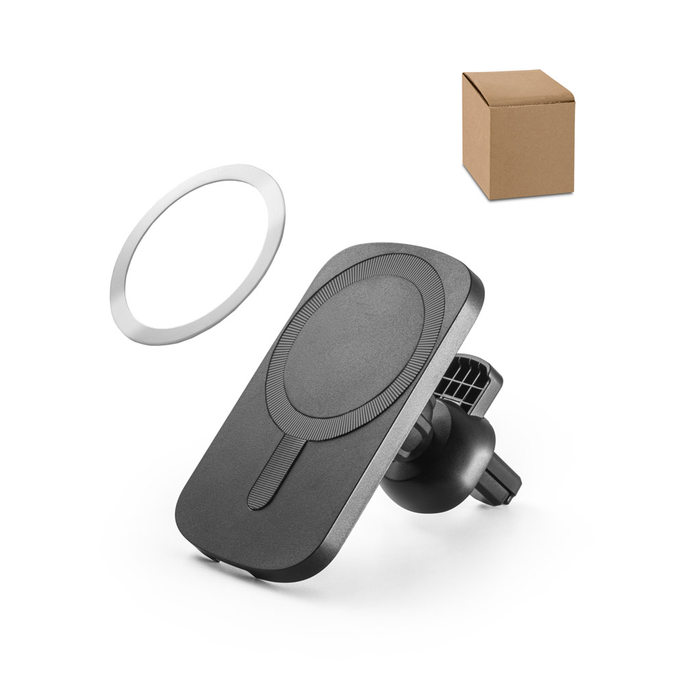 KOCH. Carregador magnético por indução super-rápido (wireless) com a funcionalidade de suporte para carro, em ABS 60% reciclado e silicone — foto 1 de 2