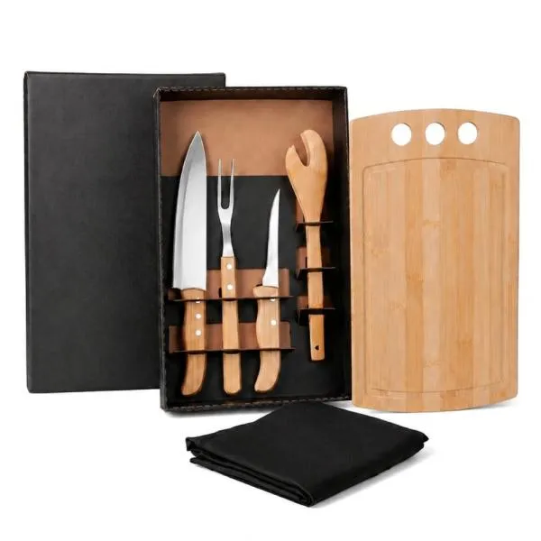 KIT PARA CHURRASCO EM BAMBU / MADEIRA / INOX COM AVENTAL - 6 PÇS — foto 1 de 1