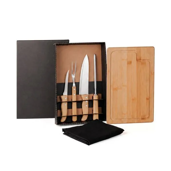 KIT PARA CHURRASCO EM BAMBU / MADEIRA / INOX COM AVENTAL - 6 PÇS — foto 1 de 1