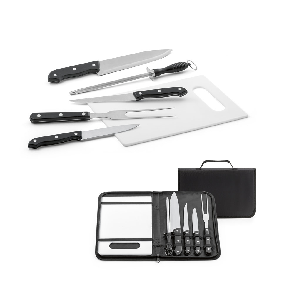 BOTALY. Kit churrasco em estojo de nylon 210D com tábua em PP e 5 utensílios em aço inox e PP — foto 1 de 2
