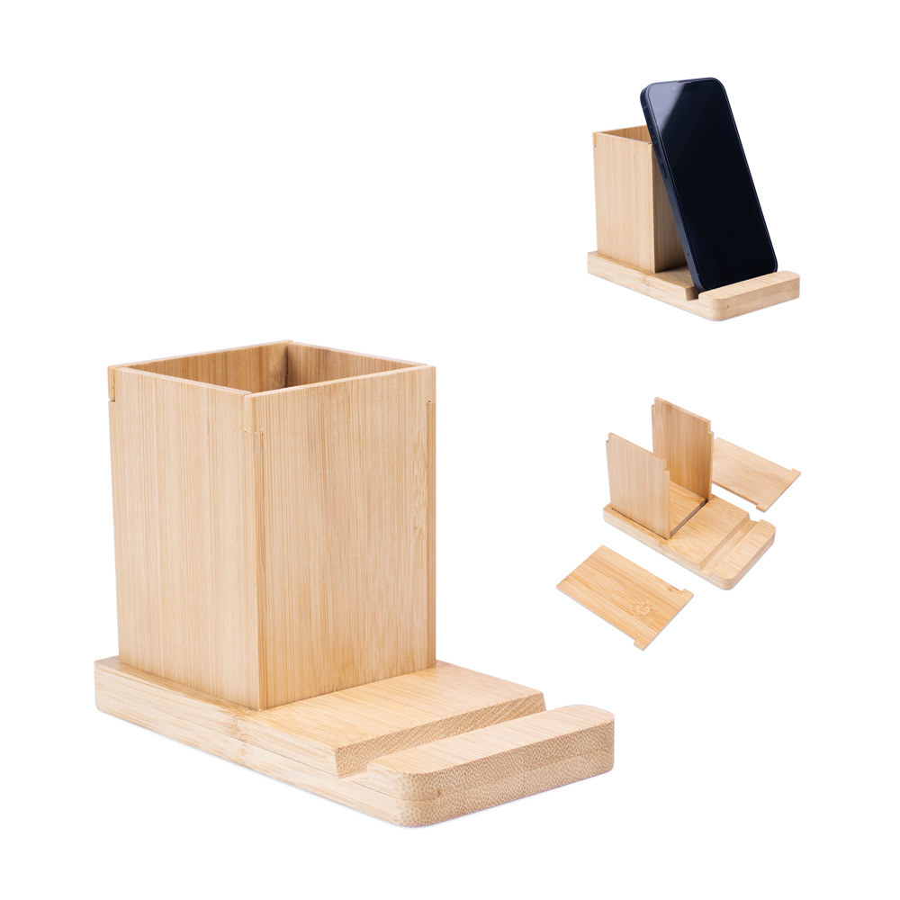 ERWIN. Conjunto de secretária com suporte para celular e copo, em bambu — foto 1 de 2