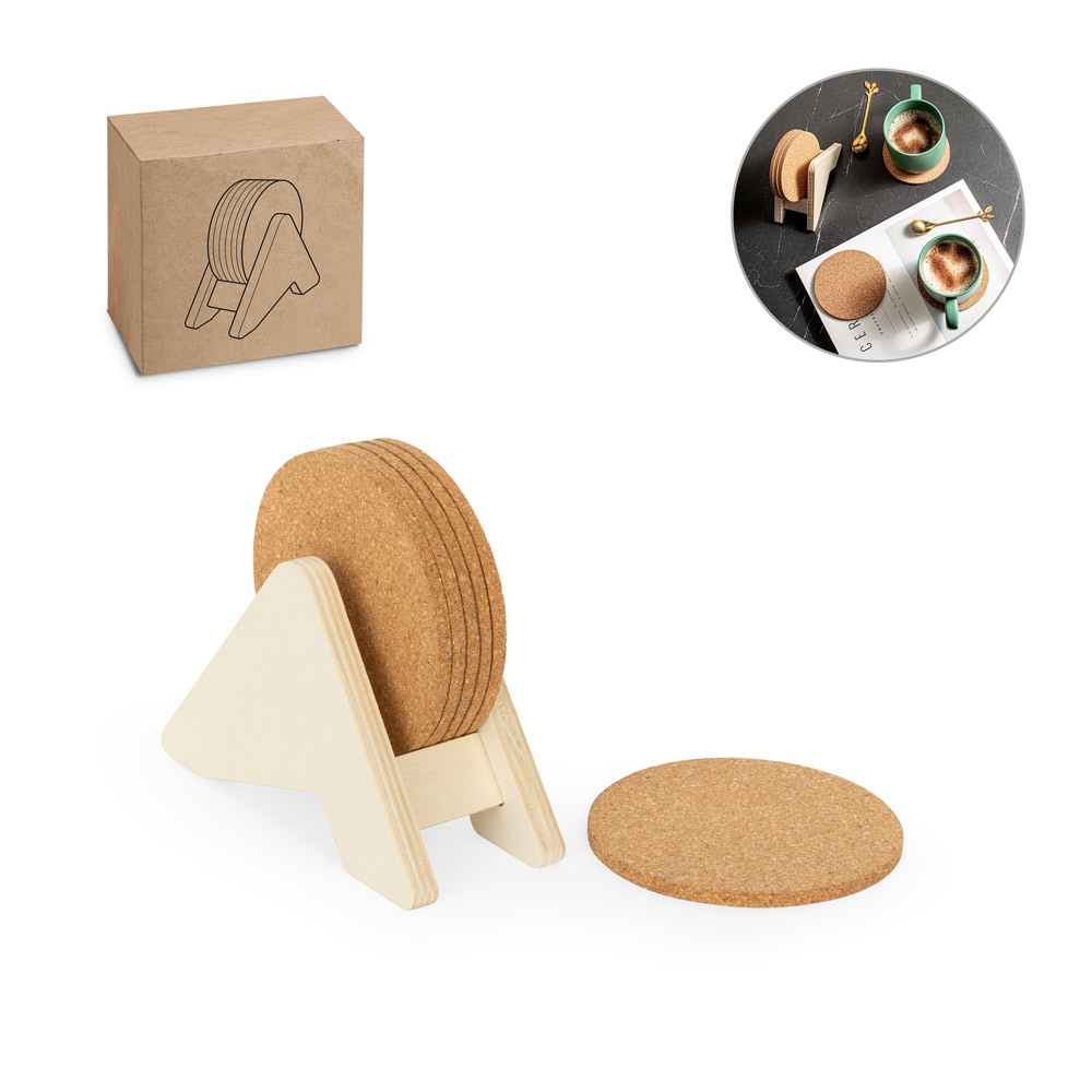 PLYCORK. Porta copos em madeira com 6 bases para copos em cortiça — foto 1 de 2