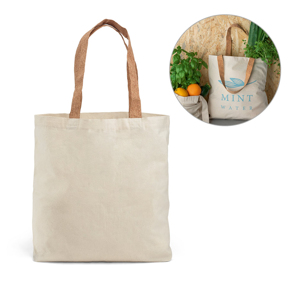 FERIA. Sacola 100% algodão (180 g/m²) com alças em cortiça e bolso interior — foto 1 de 2