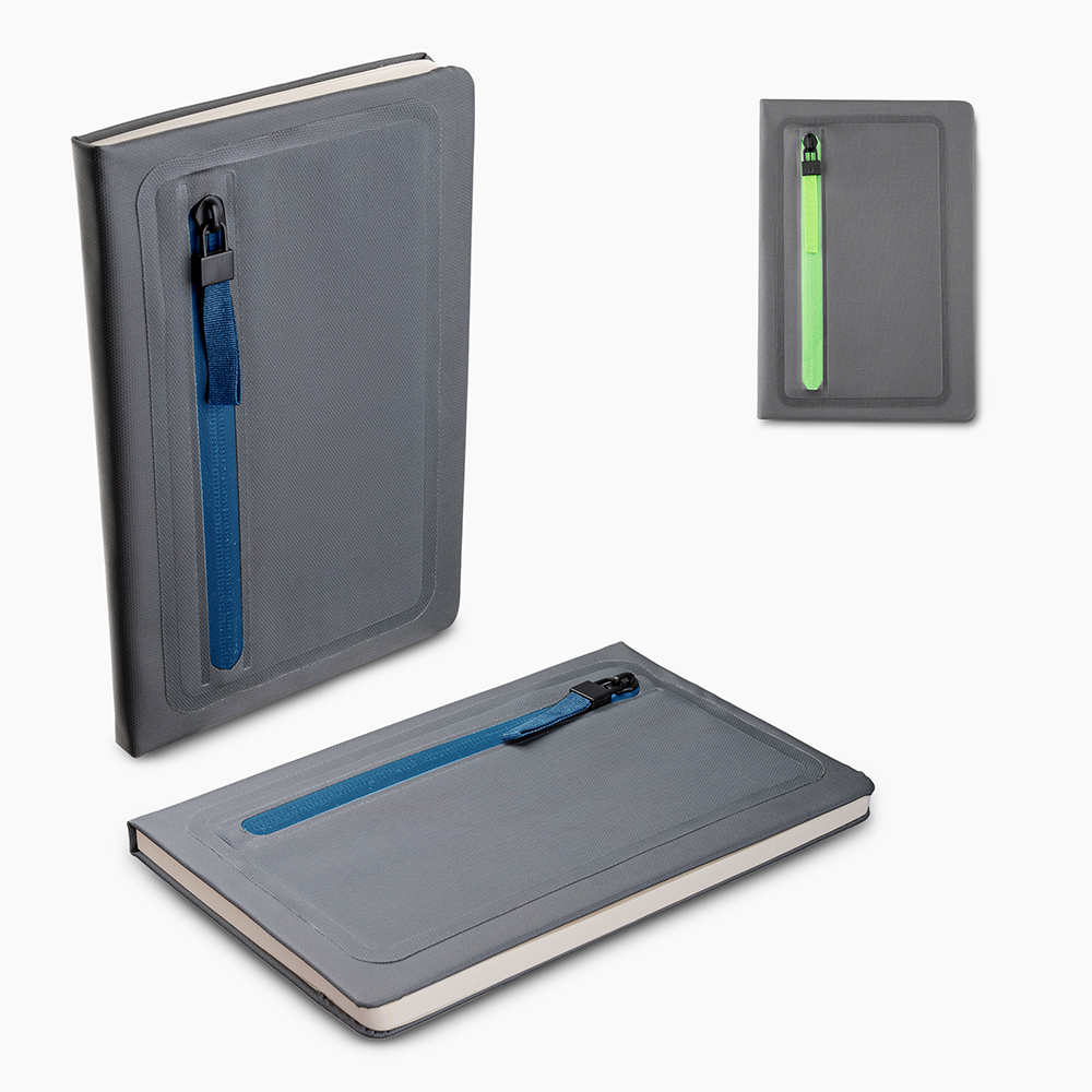 Caderno de anotações com porta objetos na capa, capa dura em material — foto 1 de 6
