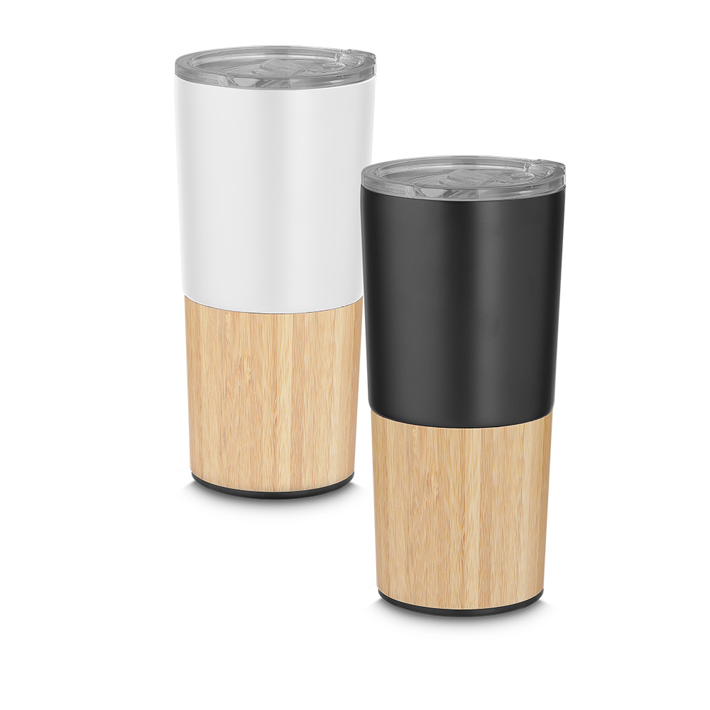 Copo térmico parede dupla em aço inox, detalhe em bambu - 550ml — foto 1 de 3
