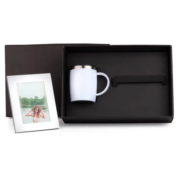 KIT CANECA EM AÇO INOX E PORTA-RETRATO EM ALUMÍNIO - 2 PÇS — foto 1 de 3