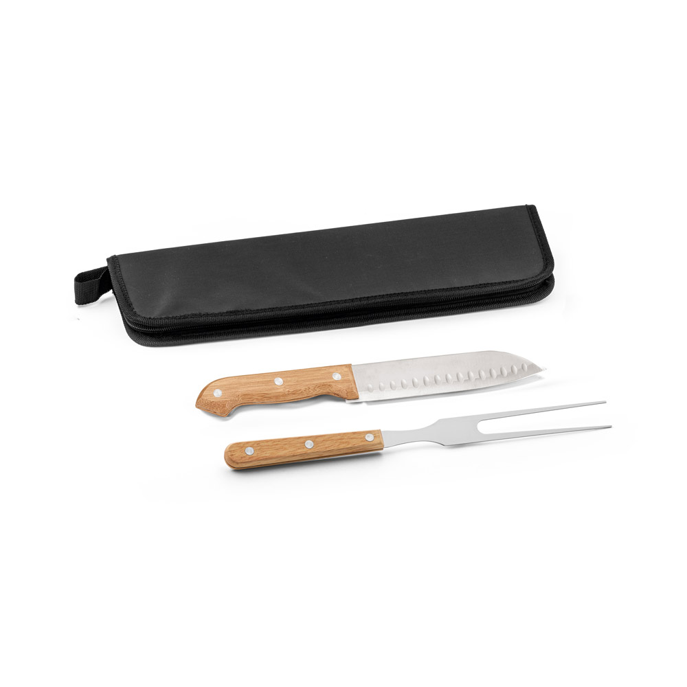 LOVAGE. Kit churrasco com estojo em 210D com 2 utensílios em aço inox e cabos em madeira — foto 1 de 2