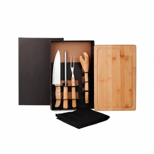 KIT PARA CHURRASCO EM BAMBU / MADEIRA / INOX COM AVENTAL - 6 PÇS — foto 1 de 1