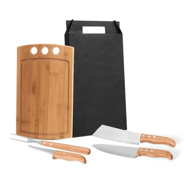 CONJUNTO PARA CHURRASCO E COZINHA EM BAMBU / MADEIRA / INOX - 5 PÇS — foto 1 de 1