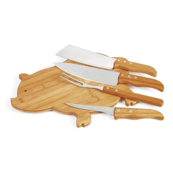 KIT PARA COZINHA COM TÁBUA PORCO EM BAMBU / MADEIRA / INOX - 5 PÇS — foto 1 de 1