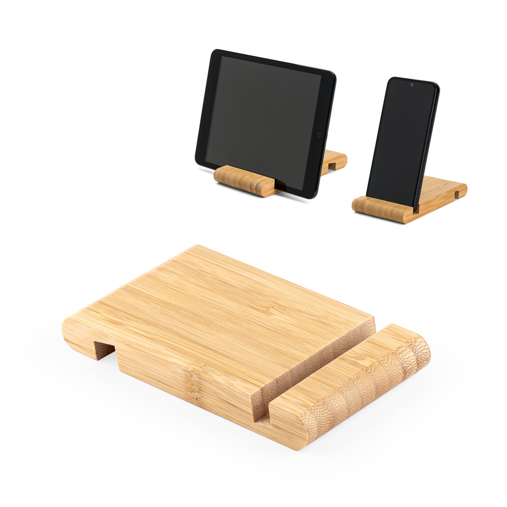 HABER. Suporte para celular com duas canaletas de tamanhos diferentes, em bambu — foto 1 de 2