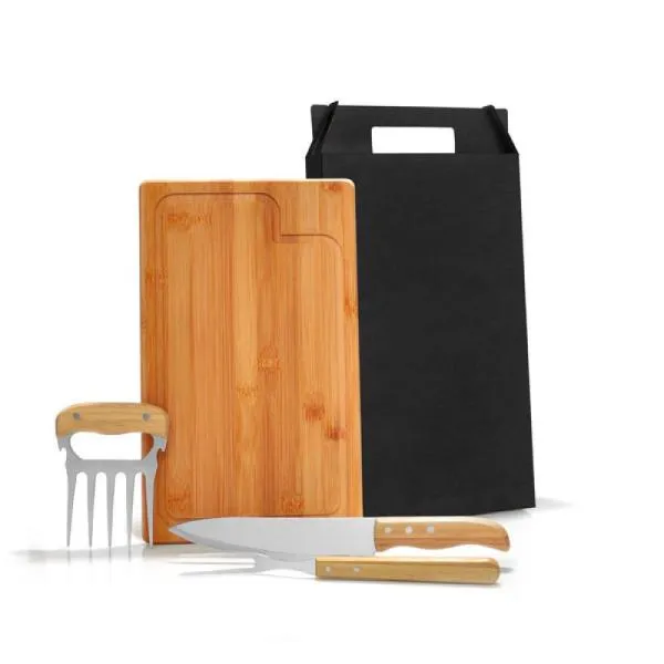 KIT PARA CHURRASCO EM BAMBU / MADEIRA / INOX - 4 PÇS — foto 1 de 4