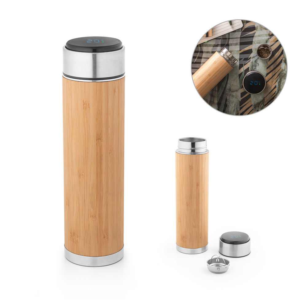 JOSHUA. Garrafa térmica em aço inox e bambu, de parede dupla isolada a vácuo, com termómetro digital (430 mL) — foto 1 de 2