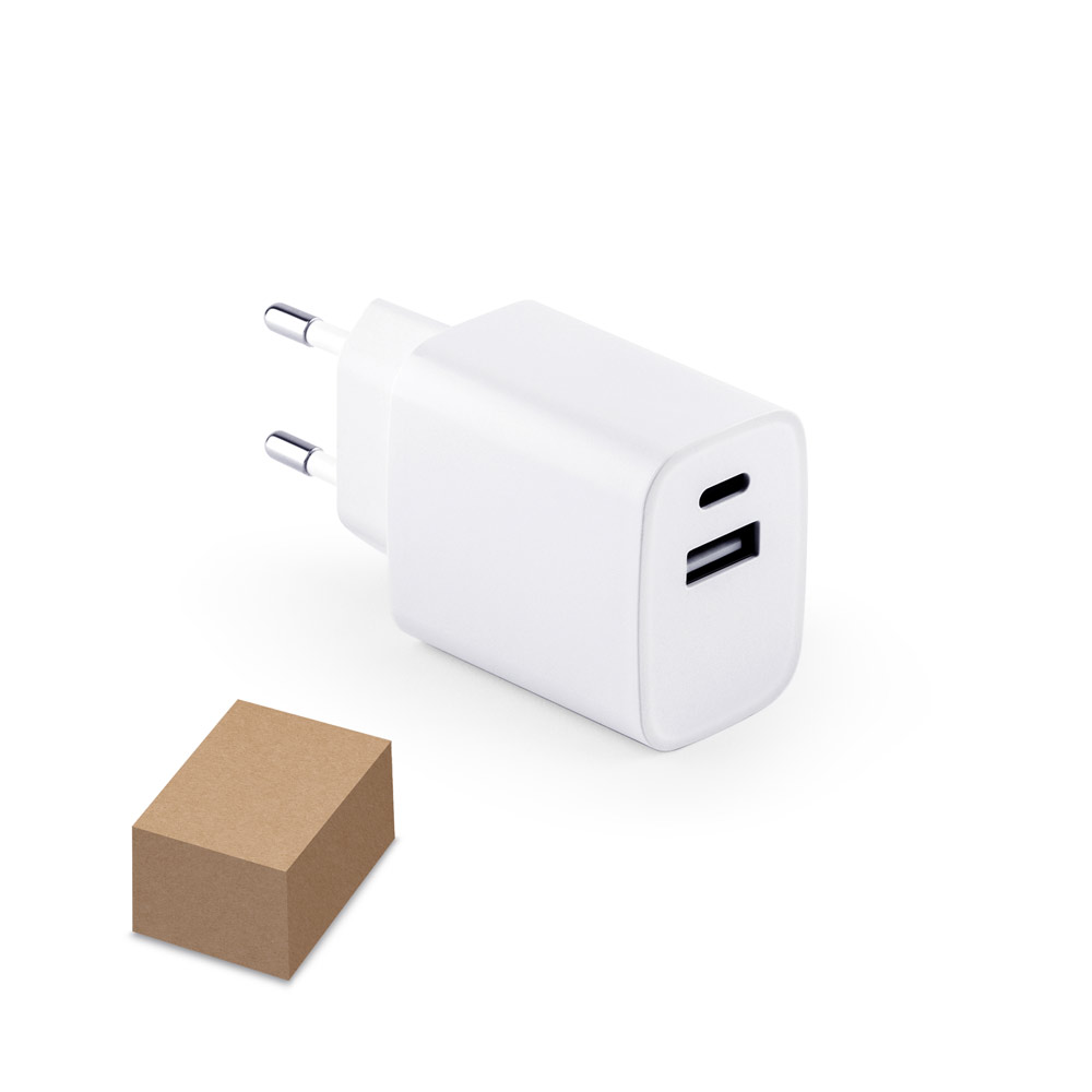 WEGENER. Adaptador de corrente com porta USB-A 18W e USB-C 20W em ABS 100% reciclado — foto 1 de 2