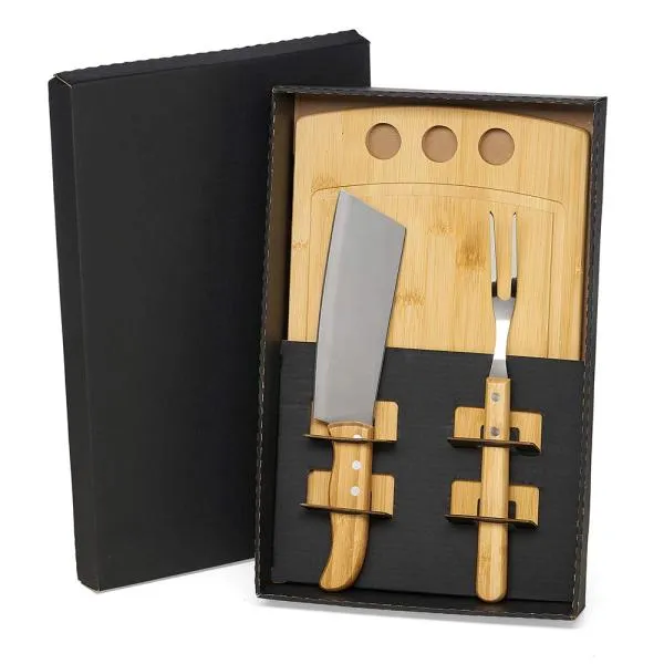 KIT PARA CHURRASCO E COZINHA EM BAMBU / MADEIRA / INOX - 3 PÇS — foto 1 de 3