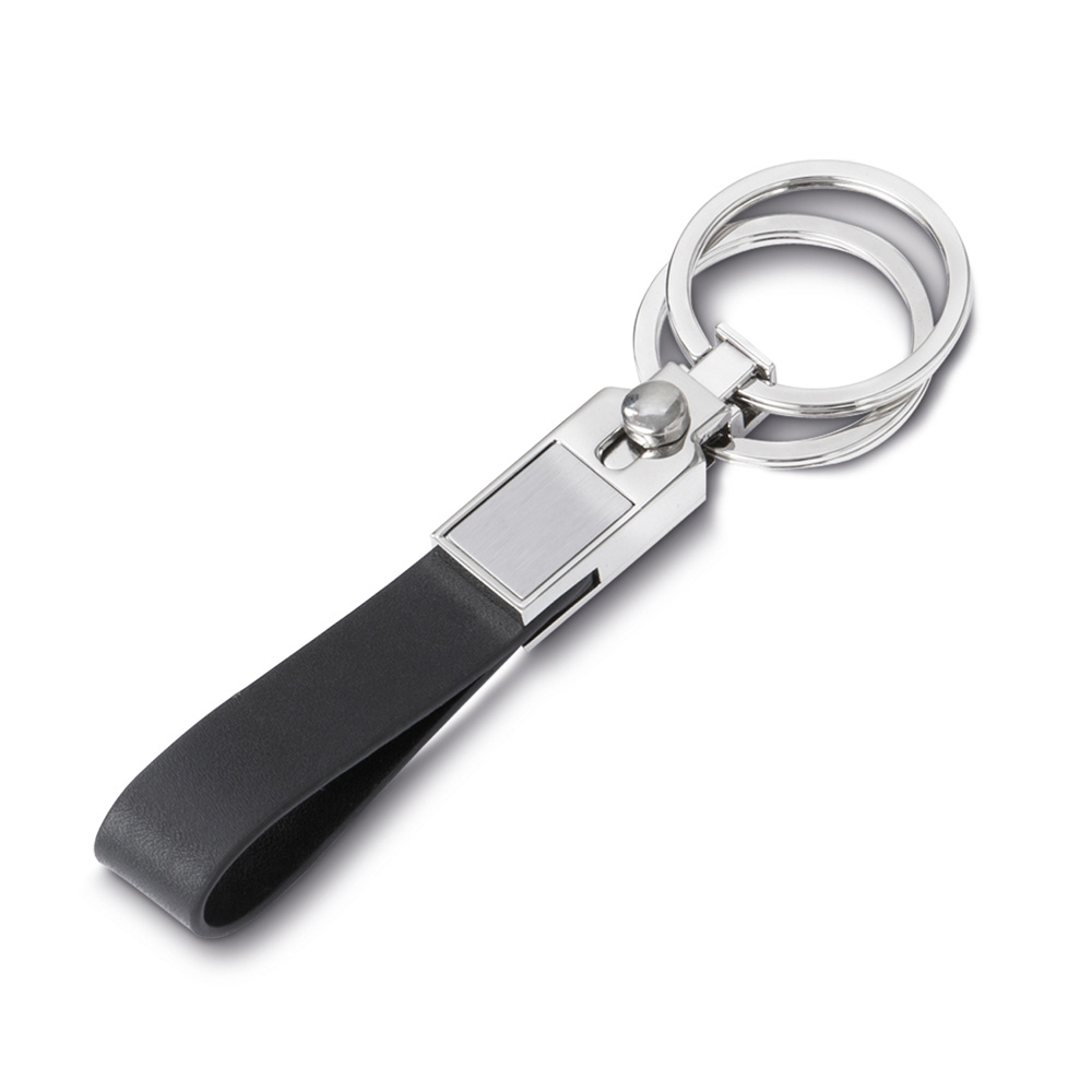 Chaveiro de metal com couro sintético preto com 2 argolas e caixa — foto 1 de 2
