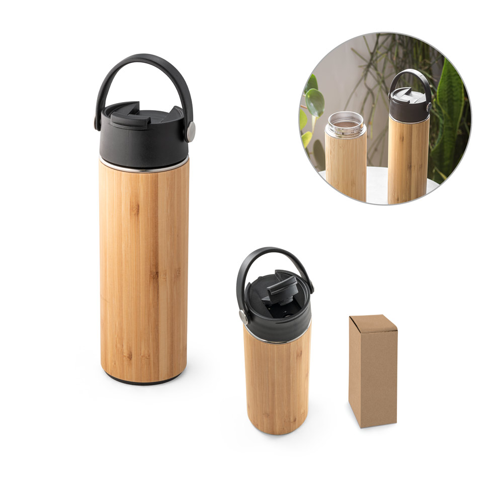 LAVER. Garrafa térmica em aço inox e bambu, de parede dupla isolada a vácuo (440 mL) — foto 1 de 2