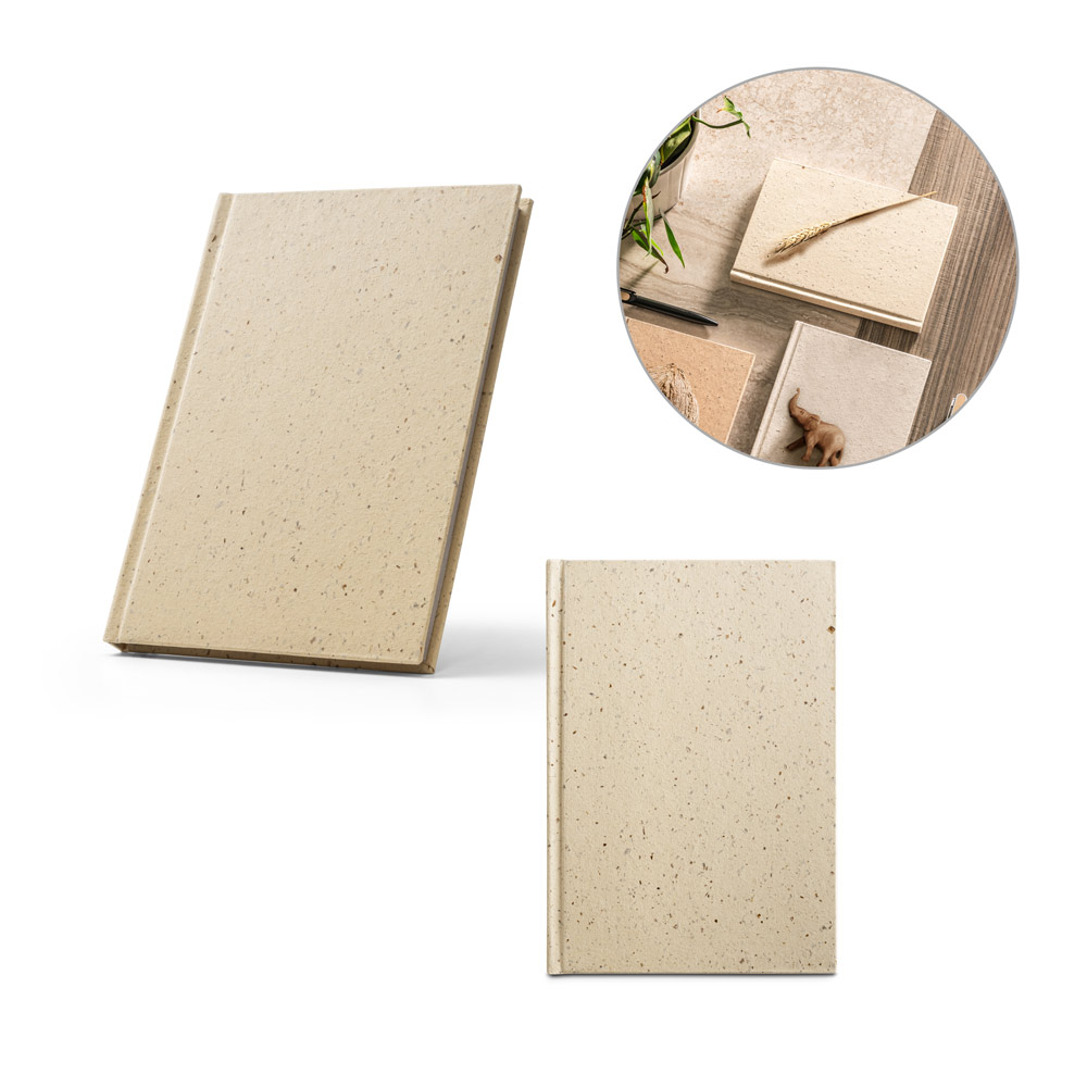 BARLEYPAD. Caderno A5 com resíduos da cevada (25%) e trapos de algodão reciclado (75%), com páginas pautadas recicladas — foto 1 de 2