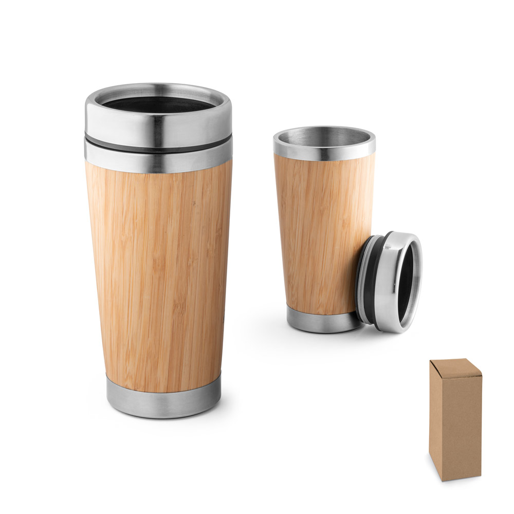 PIETRO. Copo de viagem térmico em aço inox e bambu, de parede dupla isolada a ar (500 mL) — foto 1 de 2