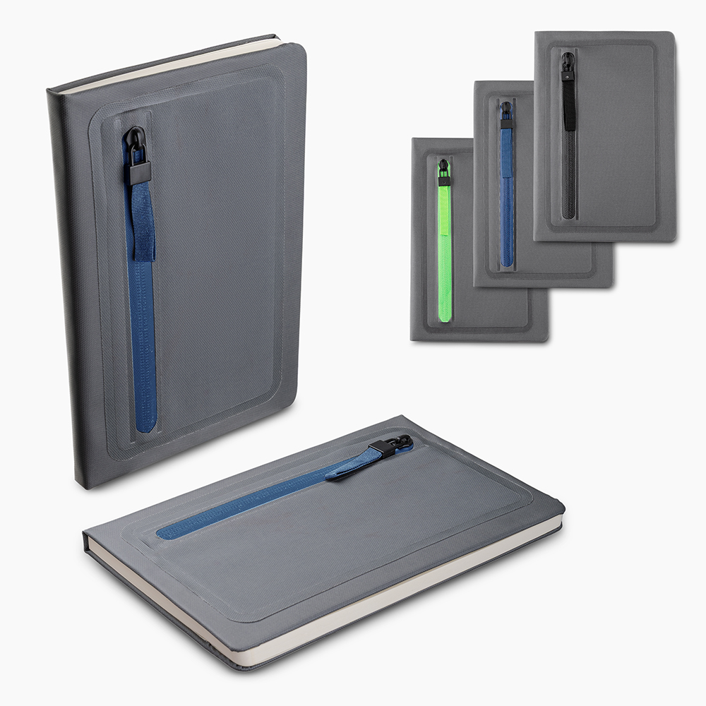 Caderno de anotações com porta objetos na capa, capa dura em material — foto 1 de 8
