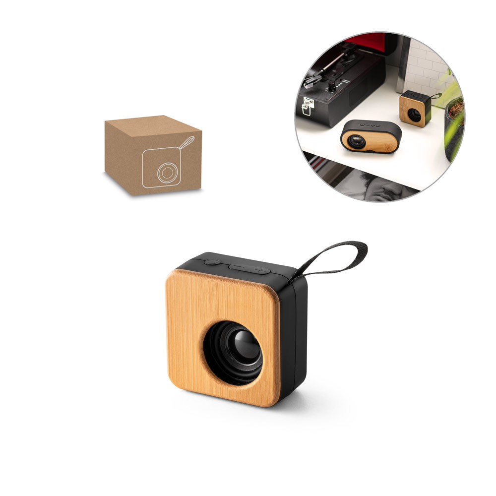 MAYER. Caixa de som portátil com autonomia de 4h (500 mAh), em bambu e ABS 100% reciclado — foto 1 de 2