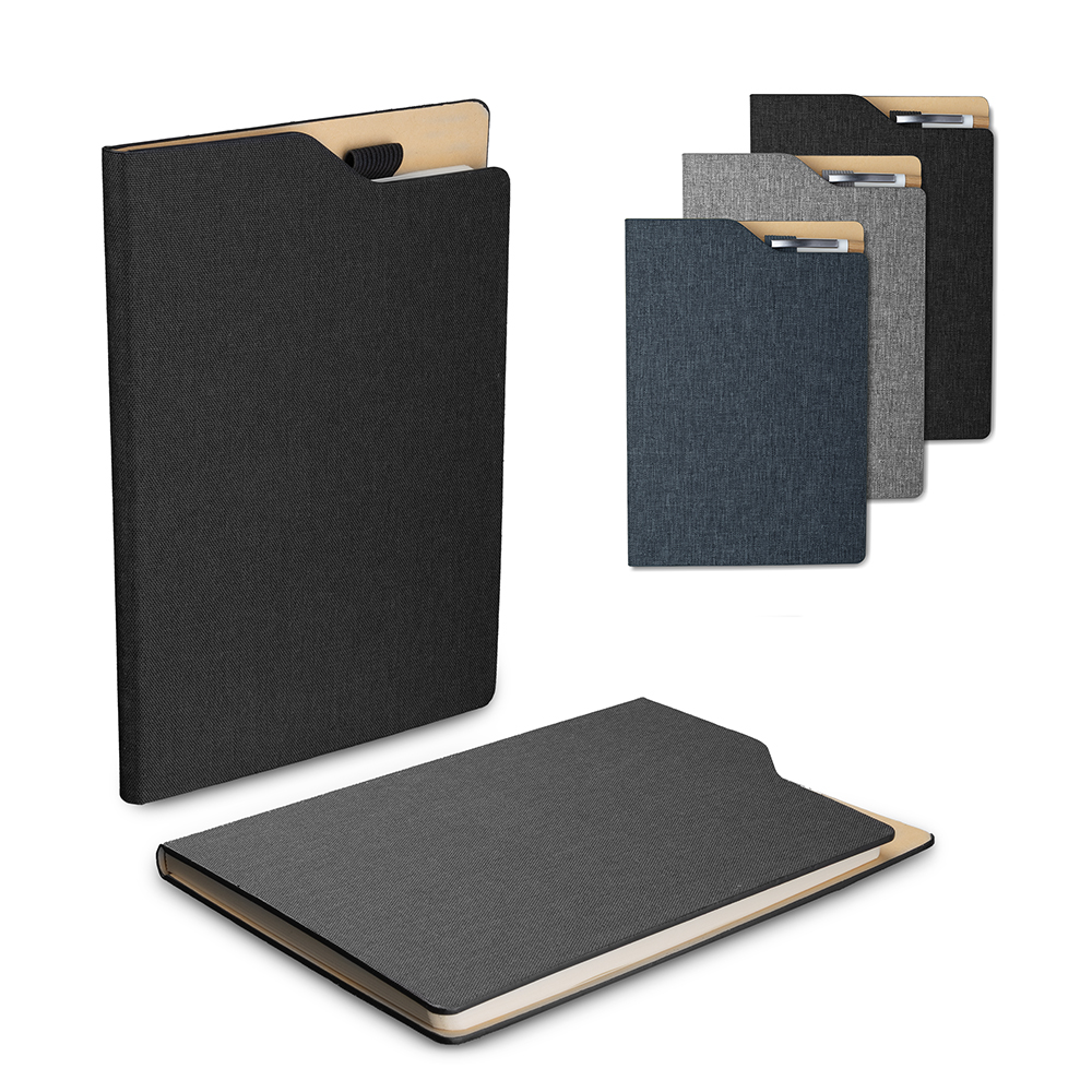 Caderno de anotações com suporte para caneta, capa dura em material — foto 1 de 10