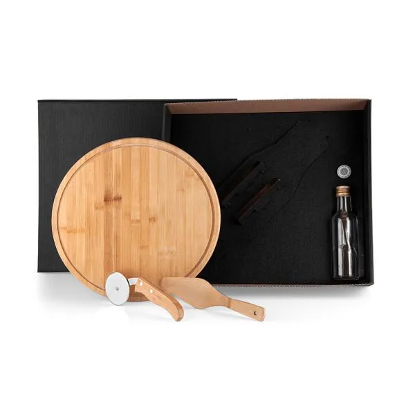 KIT PARA PIZZA COM GARRAFA - BAMBU / INOX / VIDRO - 4 PÇS — foto 1 de 4