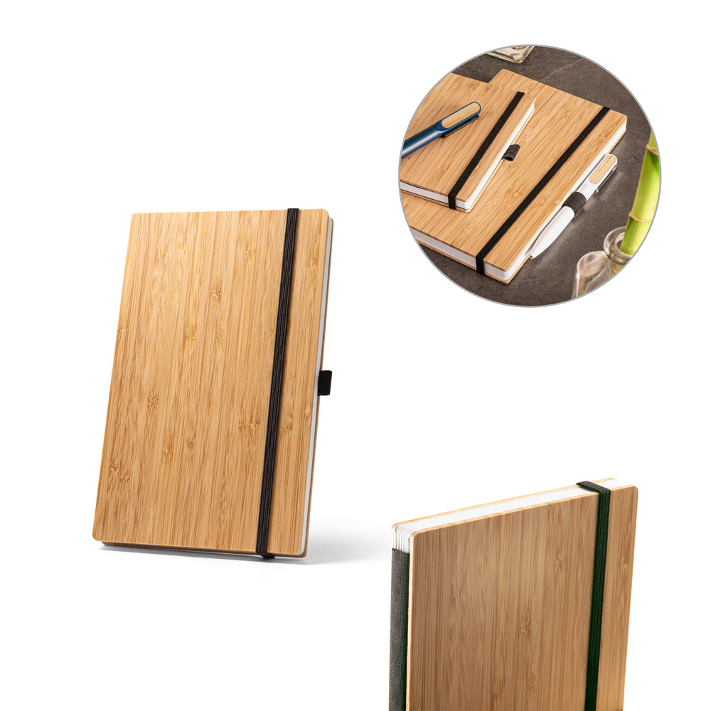 BUARQUE A5. Caderno A5 de capa e contracapa em placa de bambu e lombada em PET 100% reciclado, com páginas pautadas recicladas — foto 1 de 2
