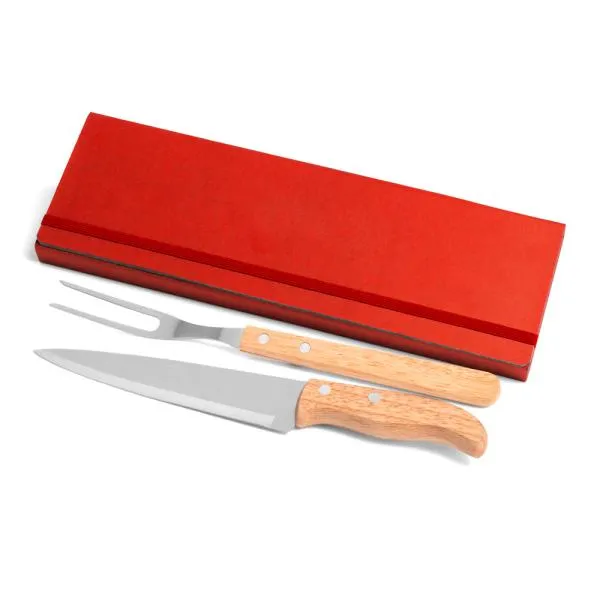 KIT GARFO E FACA INOX / MADEIRA COM ESTOJO VERMELHO 3 PÇS — foto 1 de 3