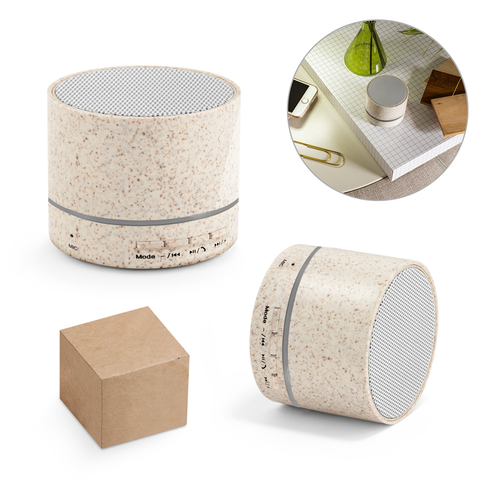 RE-LINEU. Caixa de som portátil com microfone e autonomia de 4h30 (400 mAh), em fibra de palha de trigo e ABS 100% reciclado — foto 1 de 2