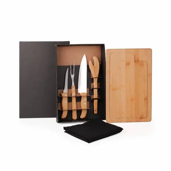 KIT PARA CHURRASCO EM BAMBU / MADEIRA / INOX COM AVENTAL - 6 PÇS — foto 1 de 2