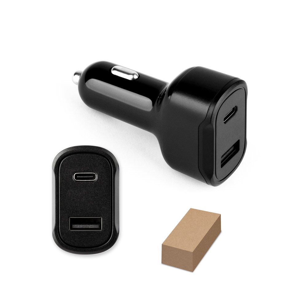 DIRAC. Adaptador de isqueiro com porta USB-A 18W e USB-C 20W em ABS 100% reciclado — foto 1 de 2