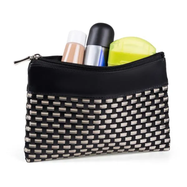 NECESSAIRE EM PVC E MATERIAL SINTÉTICO - PRETO / XADREZ BEGE - 19X14 CM — foto 1 de 4