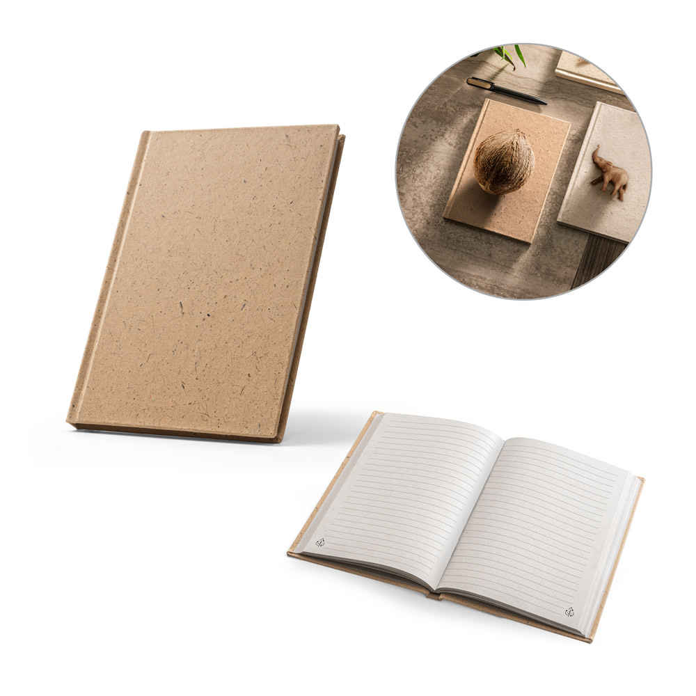 COCOPAD. Caderno A5 em casca de coco (60%) e trapos de algodão (40%), com 160 páginas pautadas recicladas — foto 1 de 2