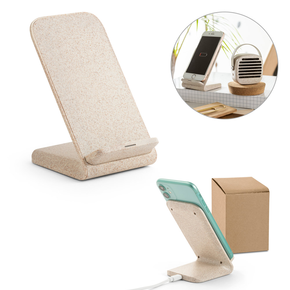 MAXWELL. Suporte para celular com carregador por indução super-rápido (15W), em fibra de palha de trigo e ABS — foto 1 de 2