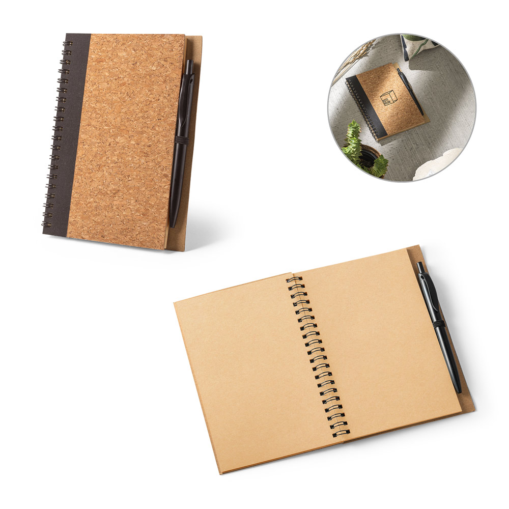 VICENTE. Caderno B6 de capa dura em cortiça e PET 100% reciclado, com páginas lisas recicladas — foto 1 de 2
