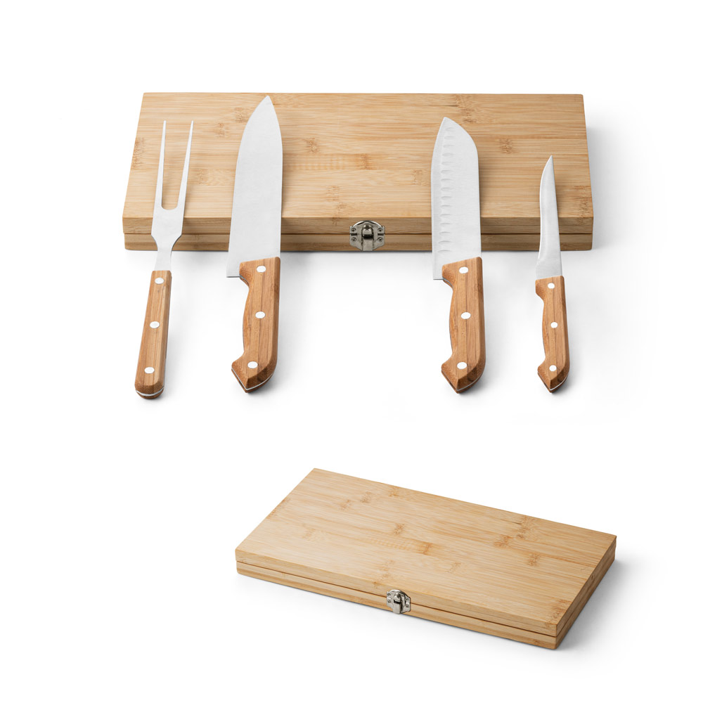 KOERPER. Kit churrasco em caixa bambu com 4 utensílios em aço inox e bambu — foto 1 de 2