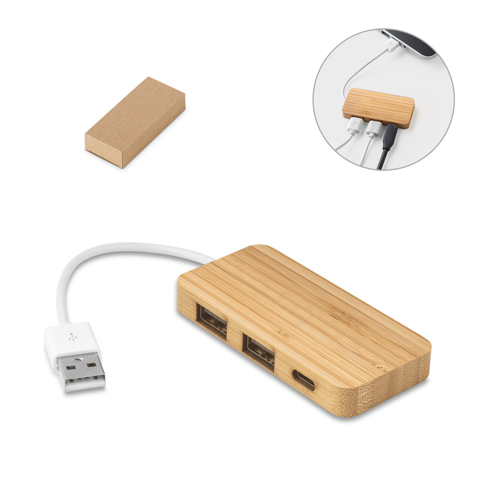 MOSER. Hub em bambu com 2 portas que permite a transferência de dados — foto 1 de 2