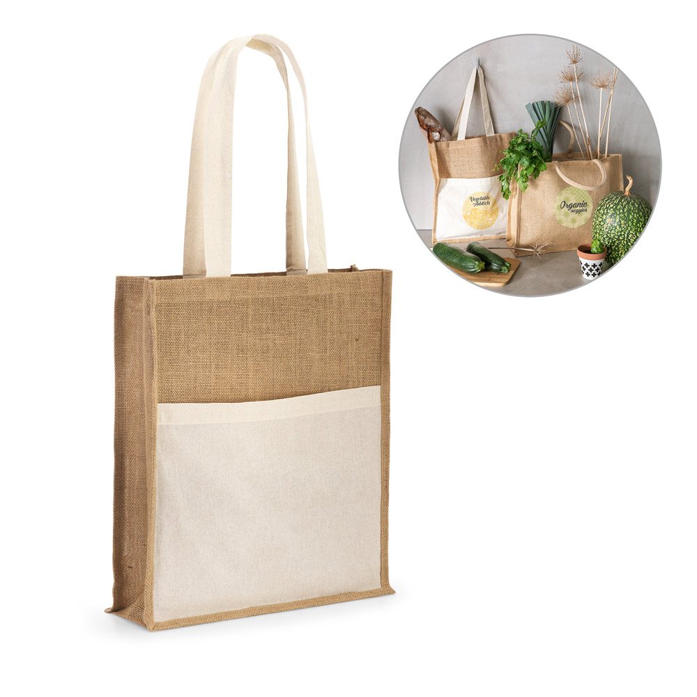 BRAGA. Sacola em 100% juta (240 g/m²) e bolso em 100% algodão (140 g/m²) — foto 1 de 2