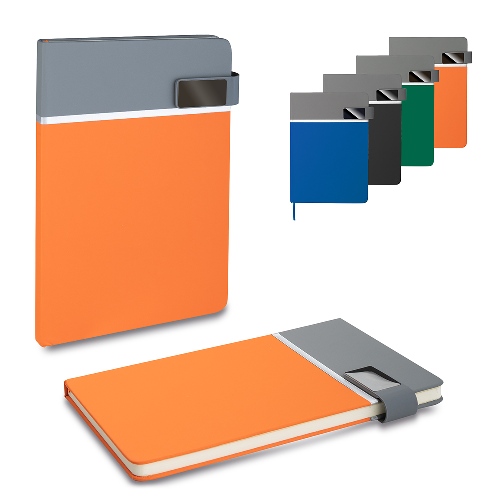 Caderno com capa dura em pu cinza com detalhes em pu colorido - 70g — foto 1 de 8