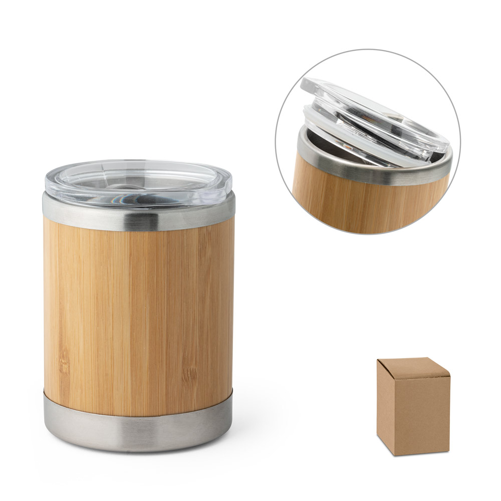 LYCKA. Copo de viagem térmico em aço inox e bambu, de parede dupla isolada a ar e fecho deslizante (350 mL) — foto 1 de 2
