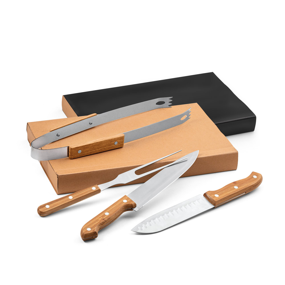 ALIOLI KING. Kit churrasco em caixa kraft com 4 peças em aço inox e bambu — foto 1 de 2