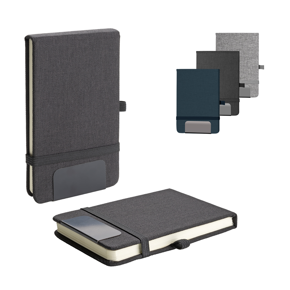 Mini caderno com capa dura em tecido rpet e placa metálica preta - 70g — foto 1 de 7
