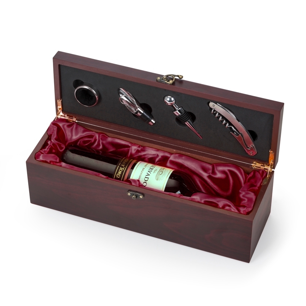 KIT VINHO CAIXA DE MADEIRA 4 PEÇAS PORTA GARRAFA — foto 1 de 1