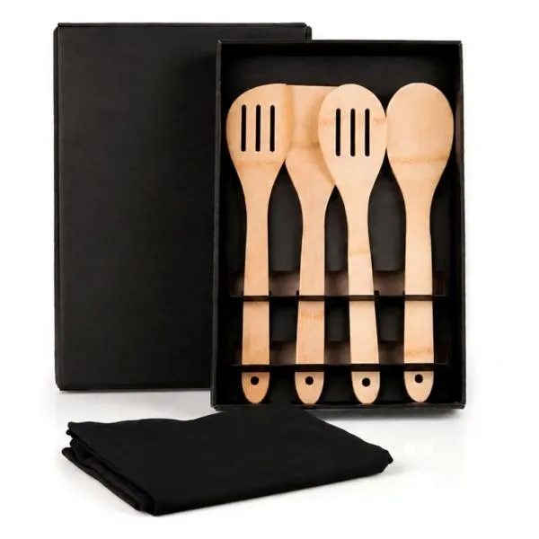KIT UTENSÍLIOS EM BAMBU 30 CM COM AVENTAL - 5 PÇS — foto 1 de 1